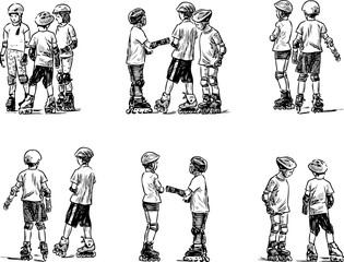 Sketches of the kids skating on the rollers