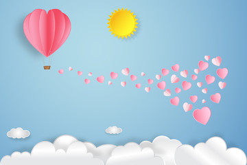Fototapeta na wymiar The love with pink hot air balloon, sunny on blue sky as heart valentine's day, wedding and paper art concept. vector illustration.