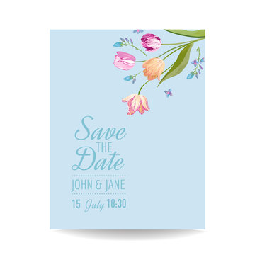 Save the Date Card with Spring Tulips Flowers. Wedding Invitation, Anniversary Party, RSVP Floral Template. Vector illustration