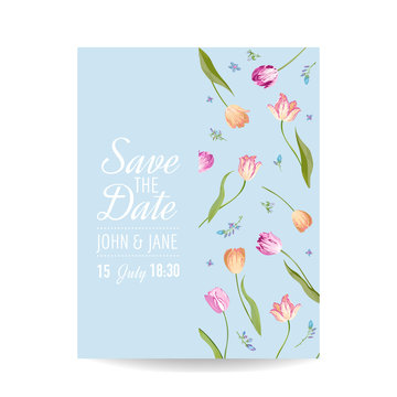 Save the Date Card with Blossom Tulips Flowers. Wedding Invitation, Anniversary Party, RSVP Floral Template. Vector illustration