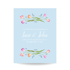 Save the Date Watercolor Card with Blossom Tulips Flowers. Wedding Invitation, Anniversary Party, RSVP Floral Template. Vector illustration
