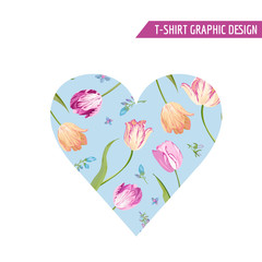 Love Romantic Floral Heart Design for Prints, Fabric, T-shirt, Posters. Spring Background with Tulips Flowers. Vector illustration