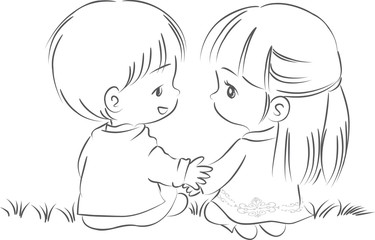 cartoon boy and girl hold hand