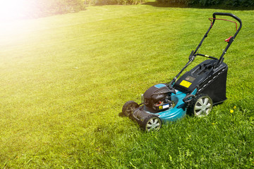 Mowing lawns Lawn mower on green grass mower grass equipment mowing gardener care work tool close up view sunny day. Soft lighting