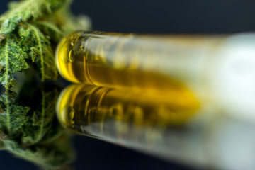 Medical Oil Cannabis - flower marijuana and oil cannabis  on the mirror background. 