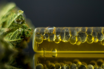 Medical Oil Cannabis - flower marijuana and oil cannabis  on the mirror background. 