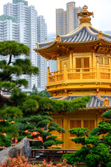 Pagoda style Chinese architecture Perfection in Nan Lian Garden, Hong Kong, China.