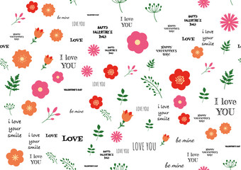 Abstract design valentine day with love text and flowers on background. Hand drawn romantic celebration sign message