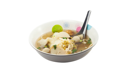 Thai Noodle Soup with fish ball in the bowl