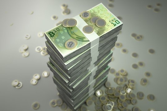 Illustration of bitcoin bills and coins