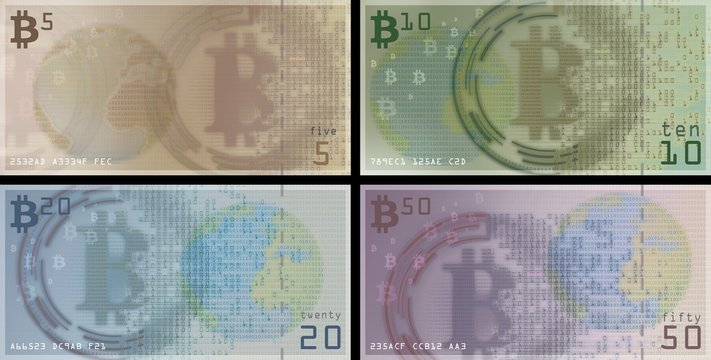 Bitcoin bills and coins, illustration