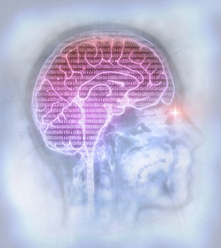 Illustration of a human brain with binary digits on white background