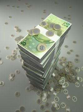 Illustration of bitcoin bills and coins