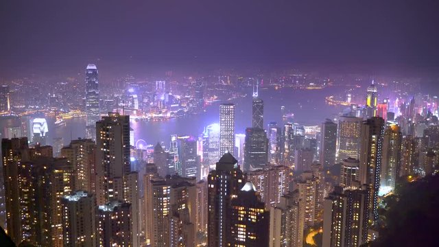 4k, panoramic night view Hong Kong from peak Victoria, Hong Kong, China