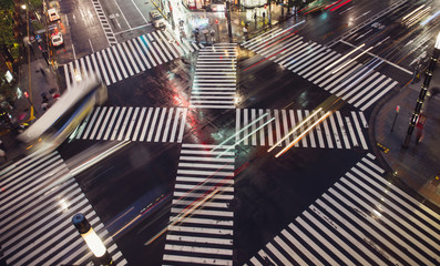 Traffic lights in Tokyo. Aerial view of the Ginza cross