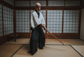 Senior martial art master in his dojo