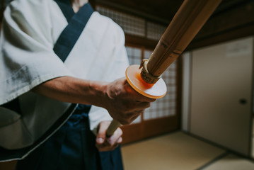 Senior martial art master in his dojo
