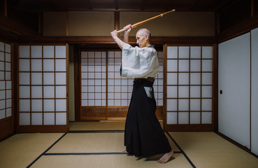 Senior martial art master in his dojo