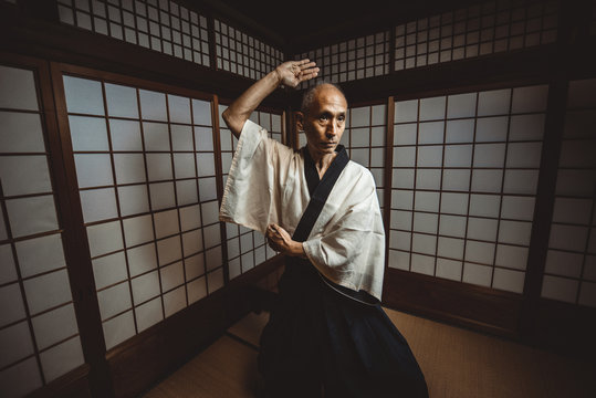 Senior martial art master in his dojo