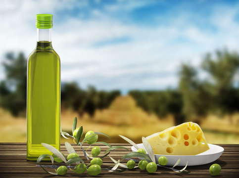 bottle of oil with branches and olives on rustic wooden table