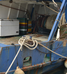 Fishing boat deck, ropes and fishing stuff
