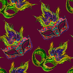 Obraz premium Red carnival mask with golden decoration and gemstones and green, peacock feathers on top, dark red background, seamless pattern design, hand painted watercolor illustration