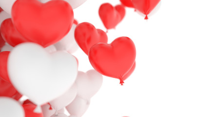 Fototapeta na wymiar Red and white heart balloons over white background. Love, valentines day, romantic, wedding or birthday background