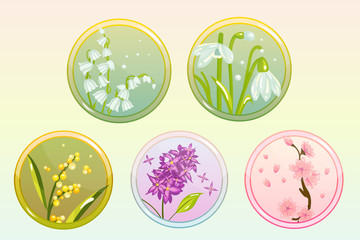 Icon Flower Set with Lilac, Lily, Snowdrop, Sakura and Mimosa