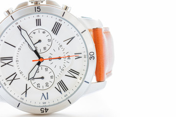 Close up of men's accessories with vintage watch on white background 