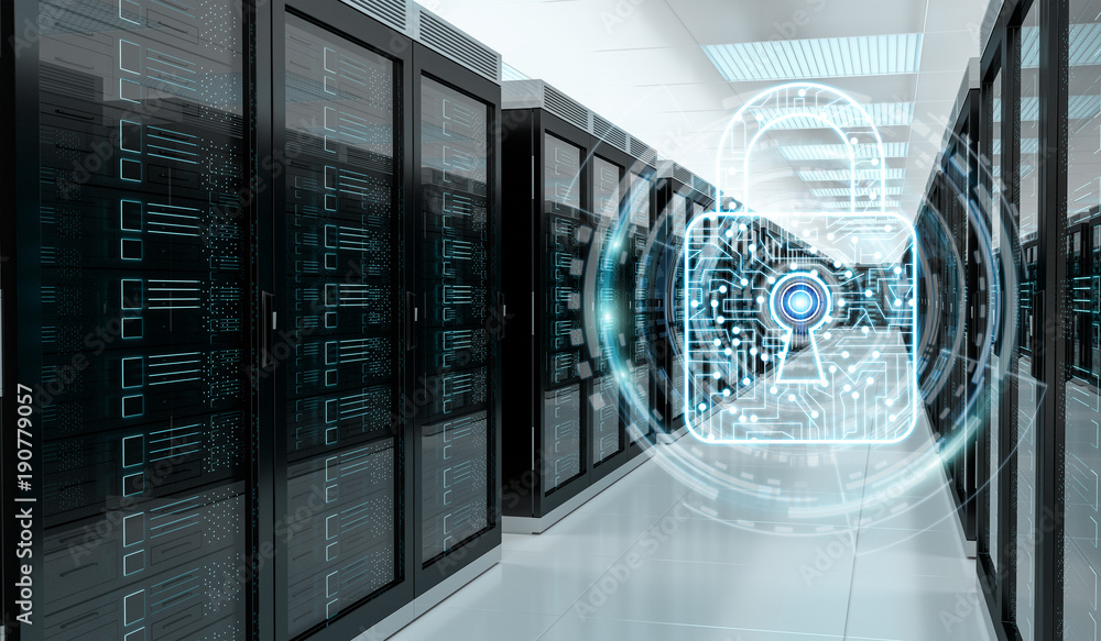 Fototapete Firewall activated on server room data center 3D rendering