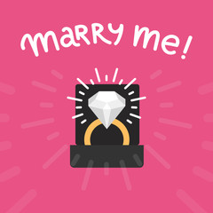 Diamond ring vector marry me template. Abstract wedding card, declaration of love. Ring with precious stone and text MARRY ME. Cute love concept for young couple