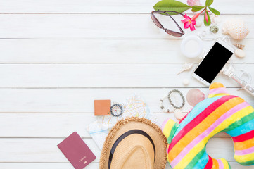 Overhead top view, flat lay, Men's accessories and essential travel items with space on white...