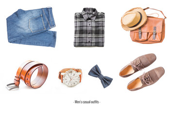 Men's casual outfits with accessories items on white background, fashion and beauty concept