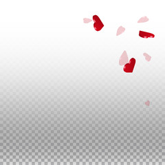 3d hearts valentine background. Top right corner on transparent grid light background. 3d hearts valentines day curious design. Vector illustration.