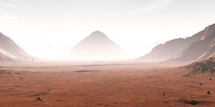 Dust obscured Martian landscape. 3D illustration