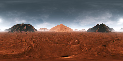 Fototapeta premium 360 Równoległa projekcja zachodu słońca na Marsie. Krajobraz Marsa, mapa środowiska HDRI. Panorama sferyczna. Ilustracja 3D
