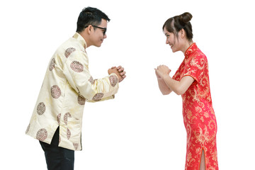 Young chinese new year couple. isolated background with clipping path