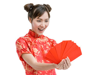 Chinese woman holding red envelope, isolated background with clipping path.