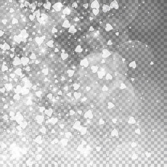 Falling hearts valentine background. Left gradient on transparent grid dark background. Falling hearts valentines day tempting design. Vector illustration.