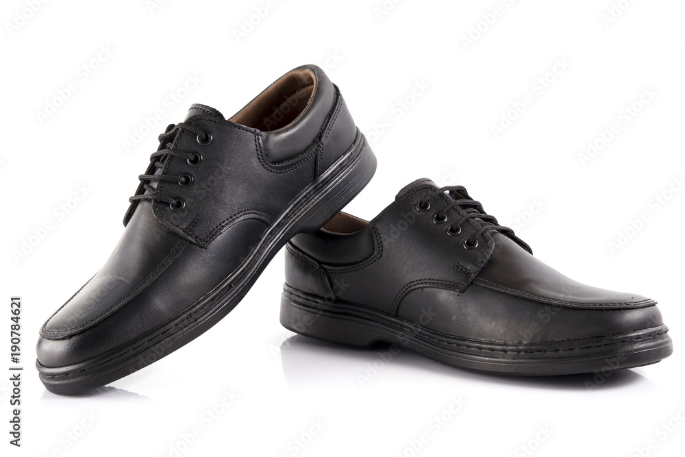 Wall mural male black leather elegant shoe on white background, isolated product, comfortable footwear.