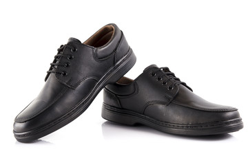 Male black leather elegant shoe on white background, isolated product, comfortable footwear.