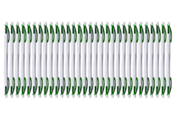 A lot of pen on white background top view.