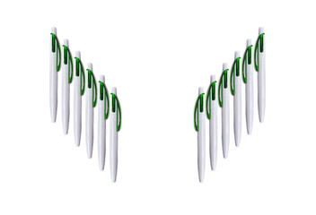 A lot of pen on white background top view. Texture with space for text.