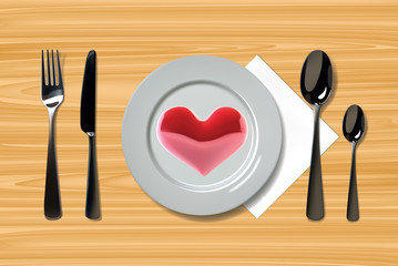  ealistic plate with spoon, knife and fork and heart on a wooden background. Cutlery on a wood table