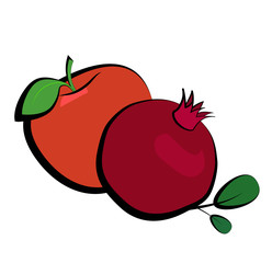 Apple and pomegranate on a white background. Vector fruit symbols. Fruit combination
