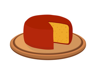 Vector gouda cheese on plate. Slice, chunk on wooden tray. Cartoon flat style