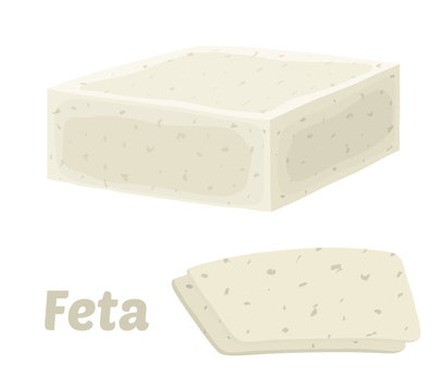 Vector Feta Cheese Block, Triangle Piece. Slice, Chunk. Cartoon Flat Style.