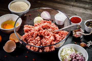 Raw minced pork and ingrediens