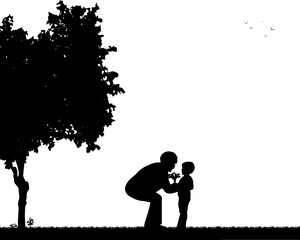The grandchild brings a grandmother of flowers bouquet, one in the series of similar images silhouette