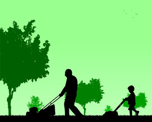 Grandson helps grandfather mow grass, one in the series of similar images silhouette